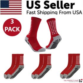 3 Pair Sport Socks Anti Slip W/ Grip Soccer Men Football Basketball Sock Premium (Sock Size: Mens 6-12, Women 7-13, Color: Red)