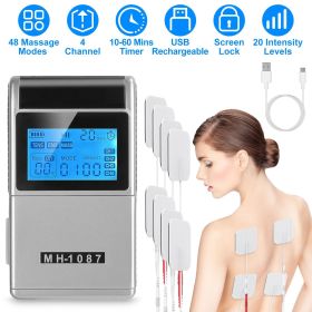 4 Channel TENS Unit Muscle Stimulator Rechargeable Digital TENS Muscle Massager with 48 Modes 20 Intensity Levels 8 Pads Timer (Color: As shown)
